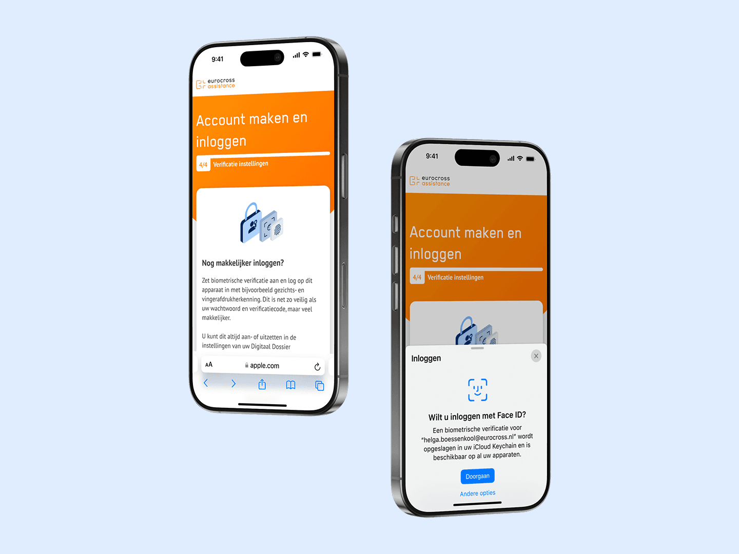 Two phones on a light blue background showing a biometric verification request and confirmation interaction.
