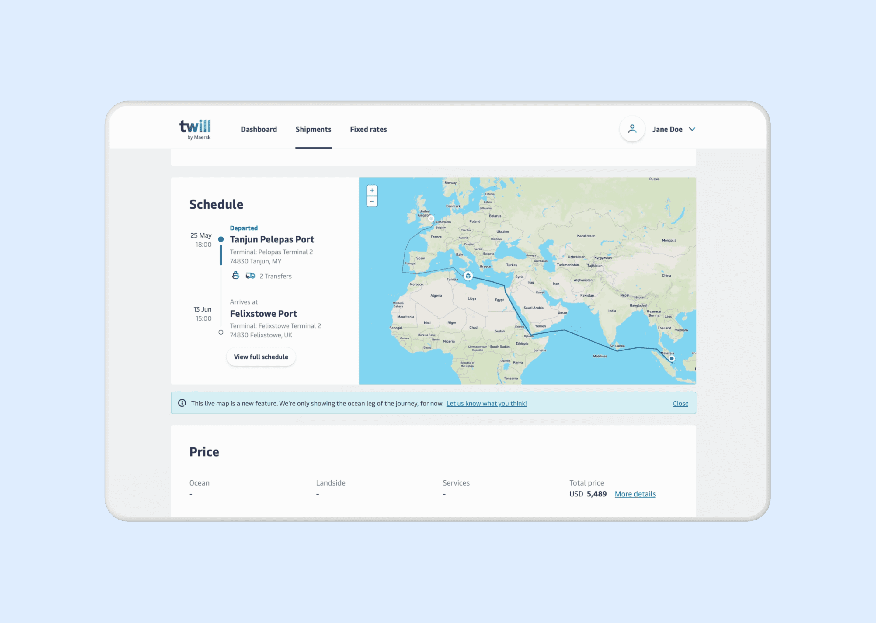 Light blue background with a clay tablet on it containing a view of the shipment detail page displaying a schedule on the left and the live map on the right