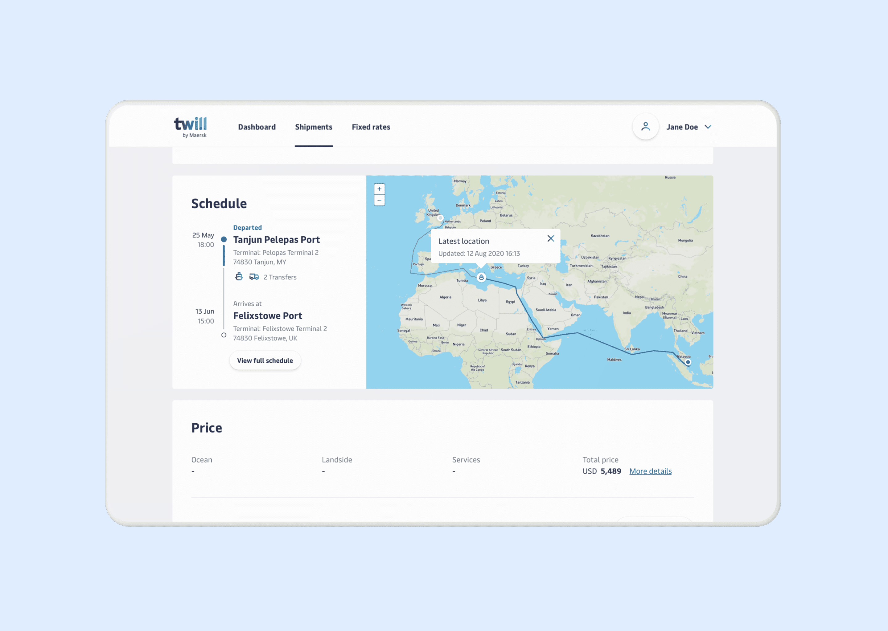 A light blue background containing a clay tablet mock-up in landscape mode with a shipment detail page containing a schedule and map view of the cargo journey.