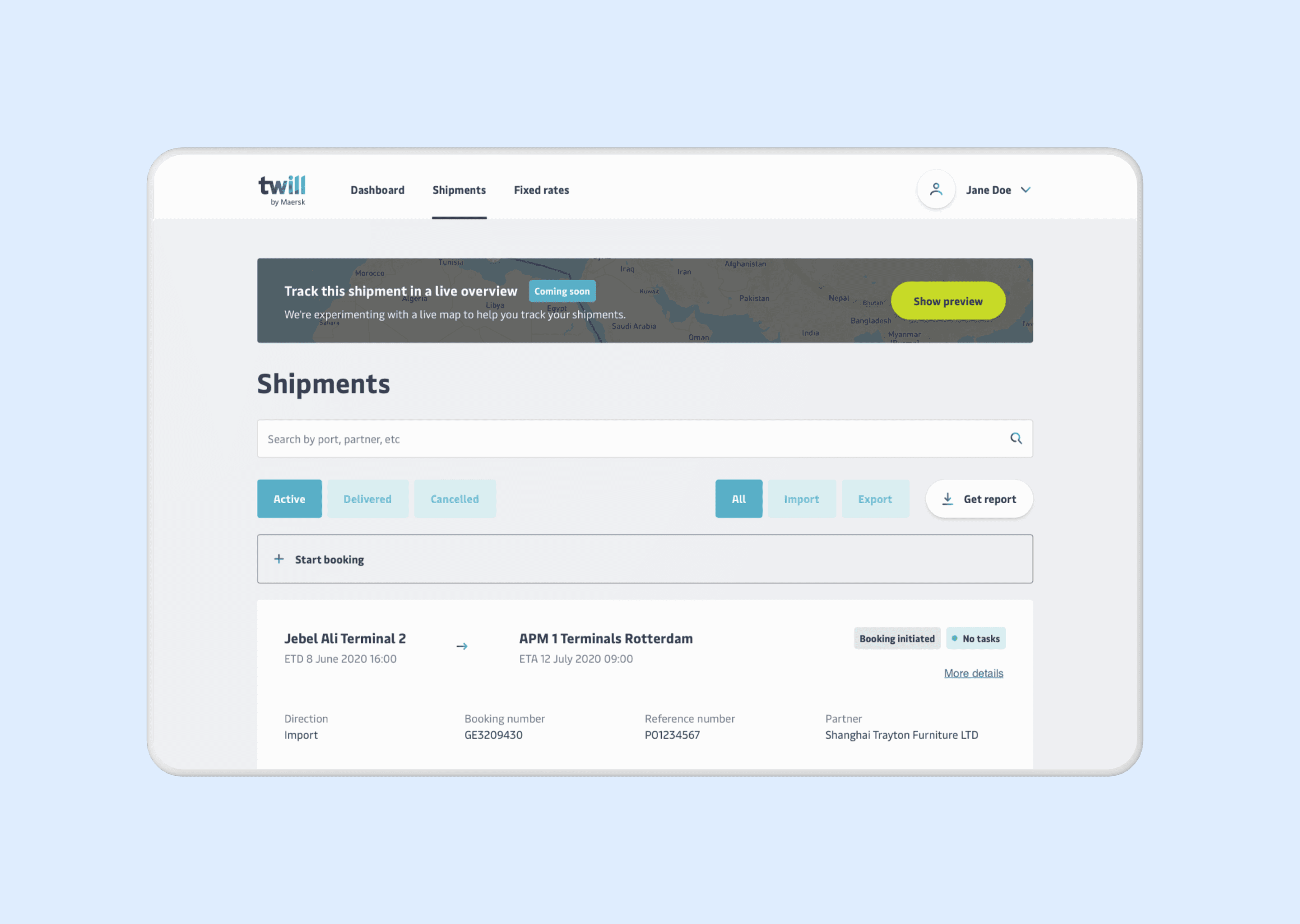 Light blue background with a clay tablet on it containing a shipment overview page with a map banner experiment at the top